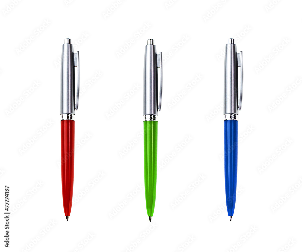 collection pen isolated on white, red green blue and metallic co collection pen isolated on white, red green blue and metallic co