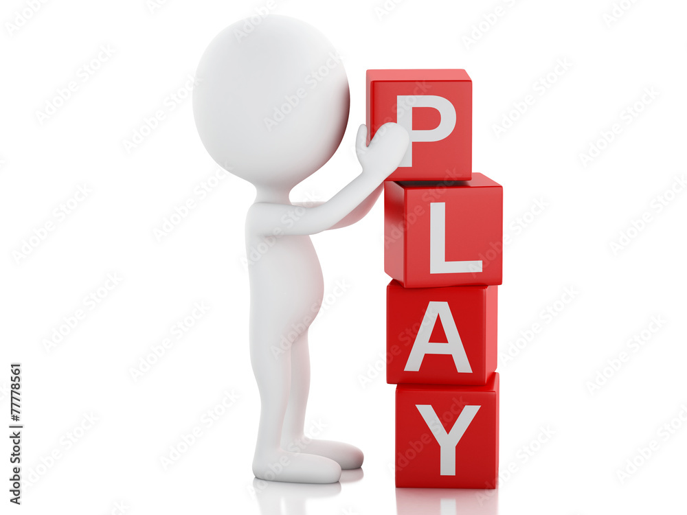 3d white people with cubes with word play. 3d white people with cubes with word play.