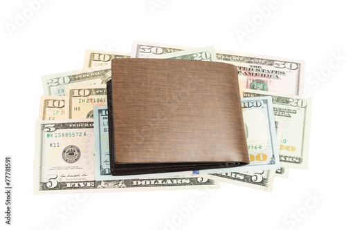 Brown leather wallet and dollar banknote on white background