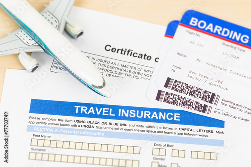 Travel insurance application form with plane model and boarding