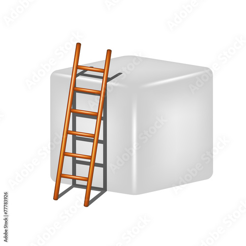Grey cube and wooden ladder