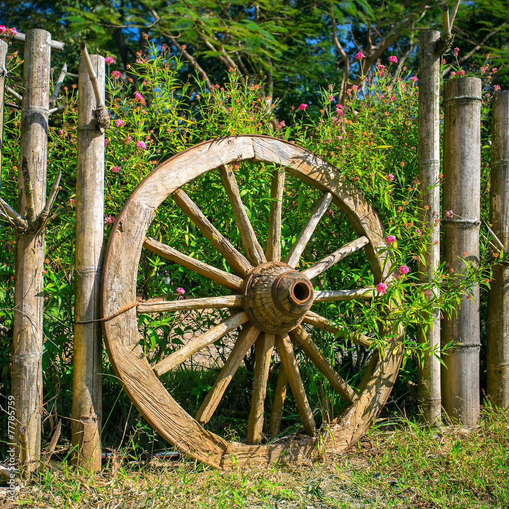 An old wagon wheel displayed as a garden decoration
