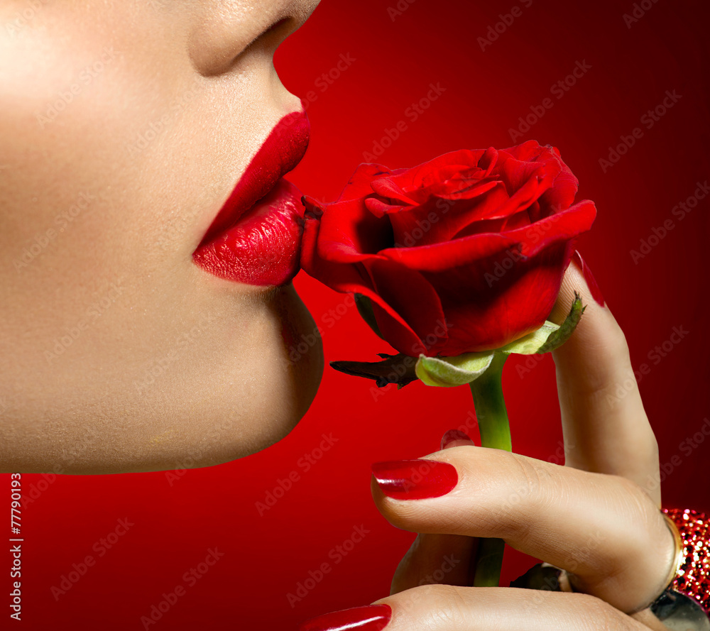 Beautiful model woman kissing red rose flower. Sexy red lips Stock Photo |  Adobe Stock