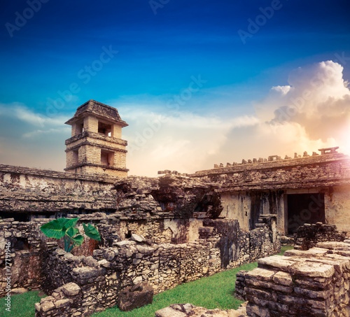 "The Palace" observation tower in Palenque, Maya city in Chiapas