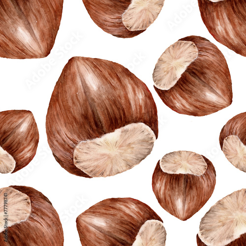 Seamless pattern with hazelnuts. Watercolor illustration.