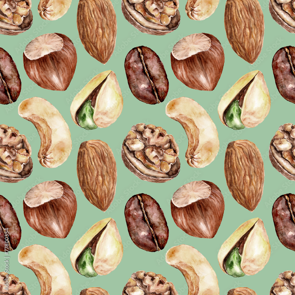 Seamless pattern with nuts . Watercolor illustration.