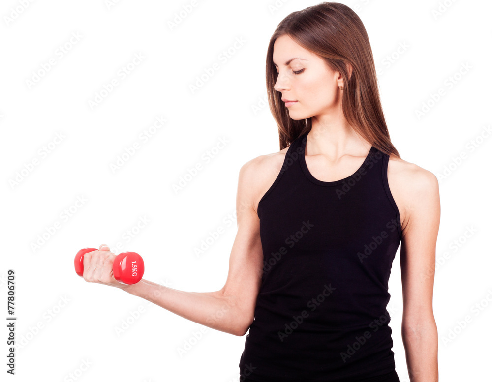 A woman holding a red dumbbell A woman holding a red dumbbell