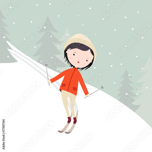 Vector illustration of girl ride the mountain on skis