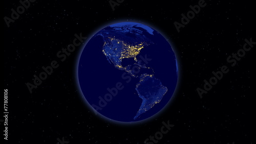 Planet earth at night rotating in space