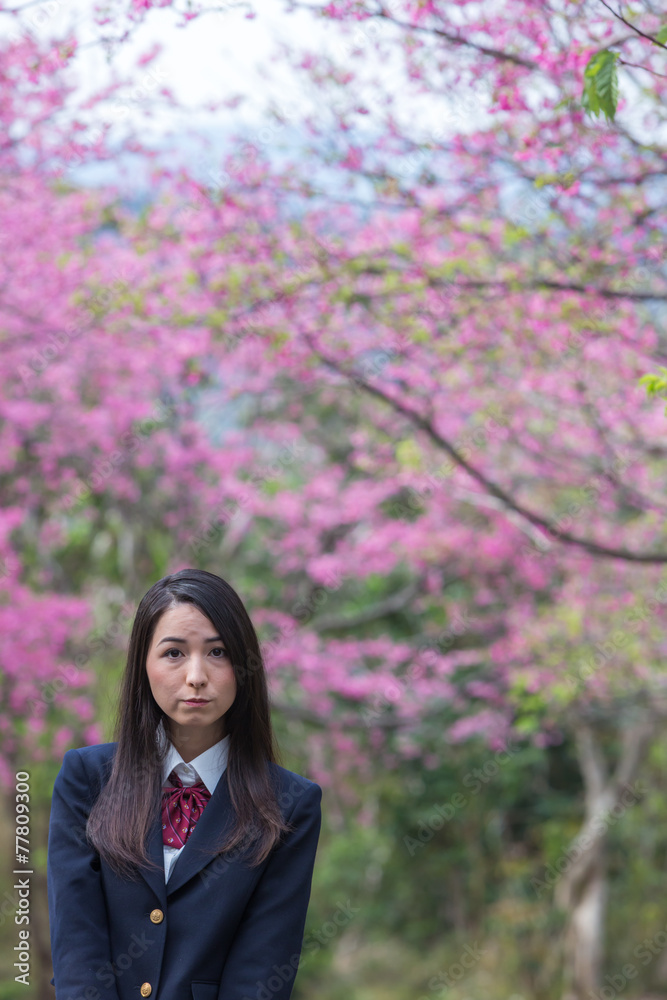 桜 女子学生とコピースペース 桜 女子学生とコピースペース