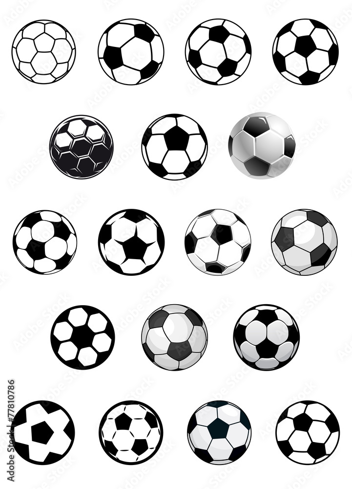 Black and white soccer balls or footballs - obrazy, fototapety, plakaty 