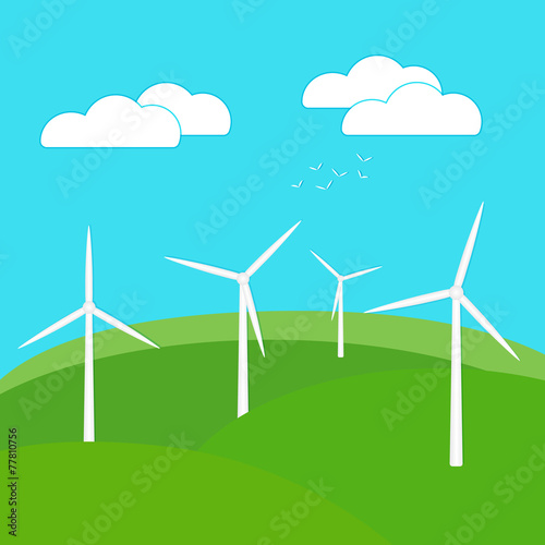 Wind farm. Wind mills landscape view, vector illustration