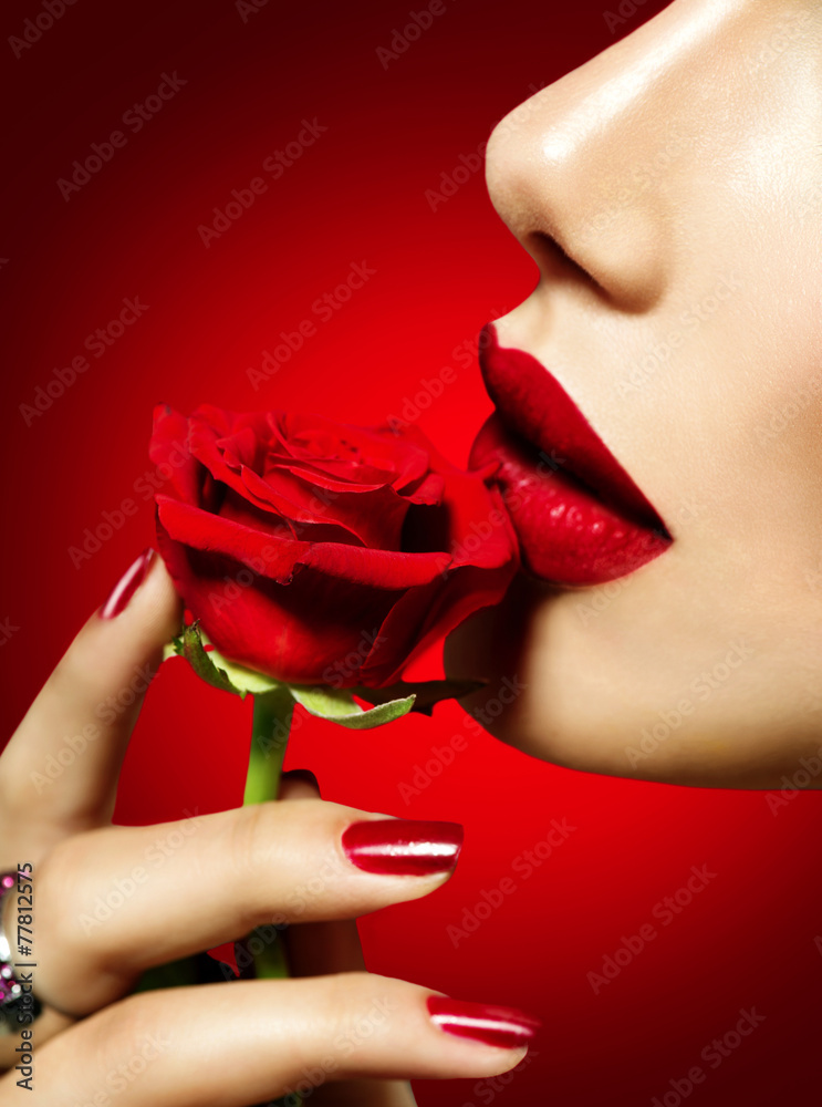 Beautiful Model Woman Kissing Red Rose Flower Sexy Red Lips Stock