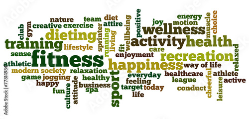Tag cloud related to fitness, recreation, sports and health