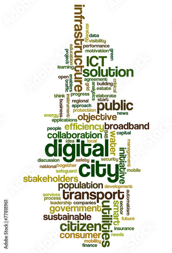 Word cloud related to smart digital city, infrastructure, ICT