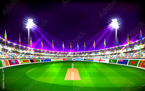 Stadium of cricket showing flags of participating countries