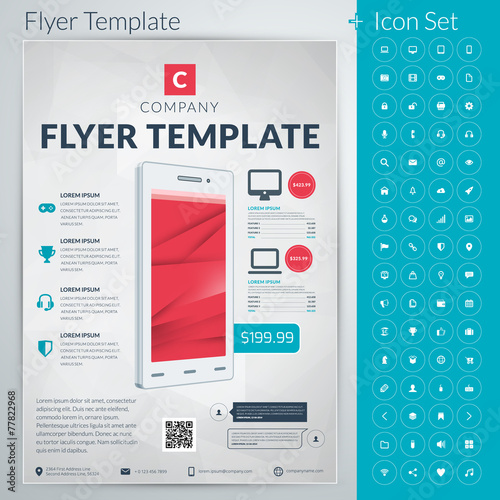 Vector abstract business flyer or poster template with icon set