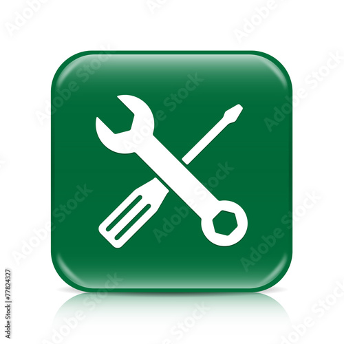 Green screwdriver & spanner button icon with reflection