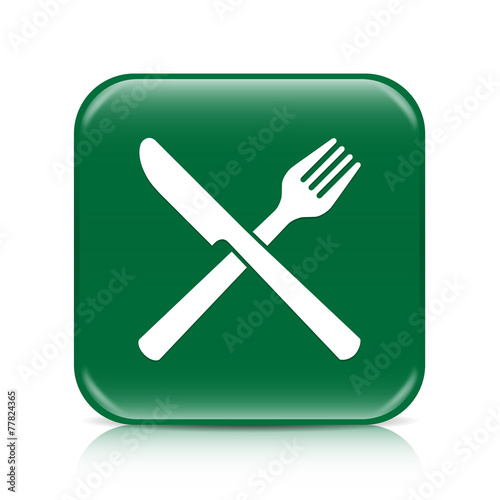 Green knife and fork button icon with reflection