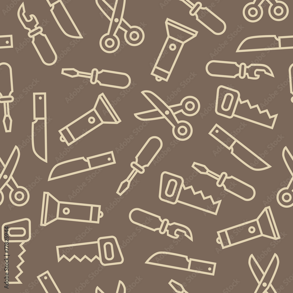 Linear swiss knife tools on brown back seamless pattern Linear swiss knife tools on brown back seamless pattern