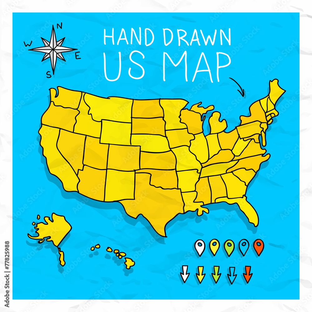 Hand drawn US map whith map pins vector illustration Stock Vector ...