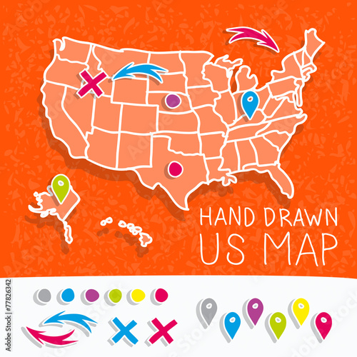 Hand drawn US map whith map pins vector illustration