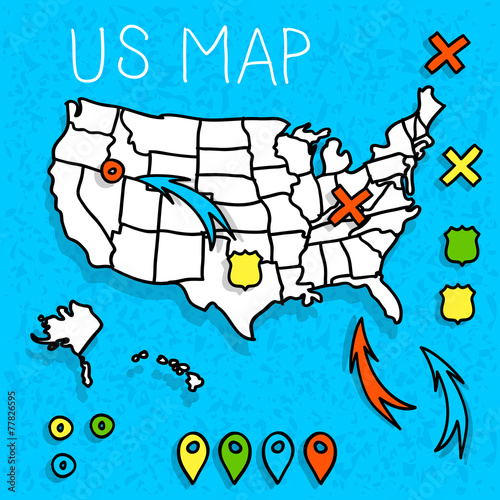 Hand drawn US map whith map pins vector illustration