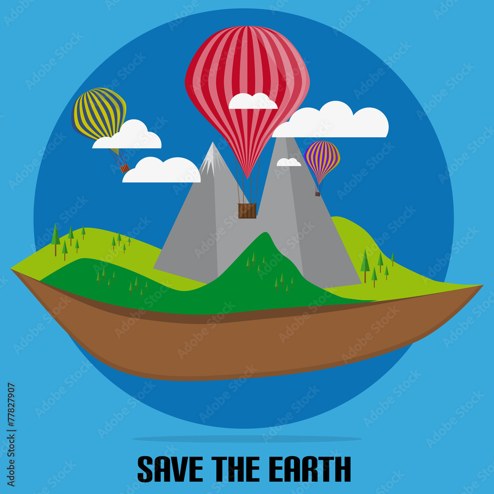 Flat Nature With Clouds And Air Balloon In a Circle