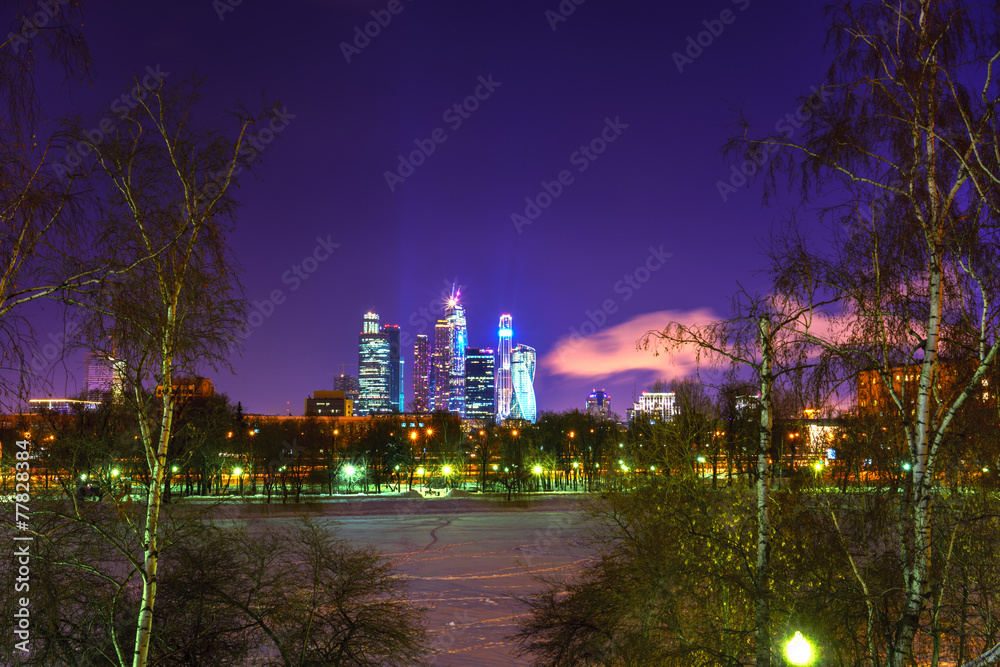 Moscow city skyscrapers by the winter night.