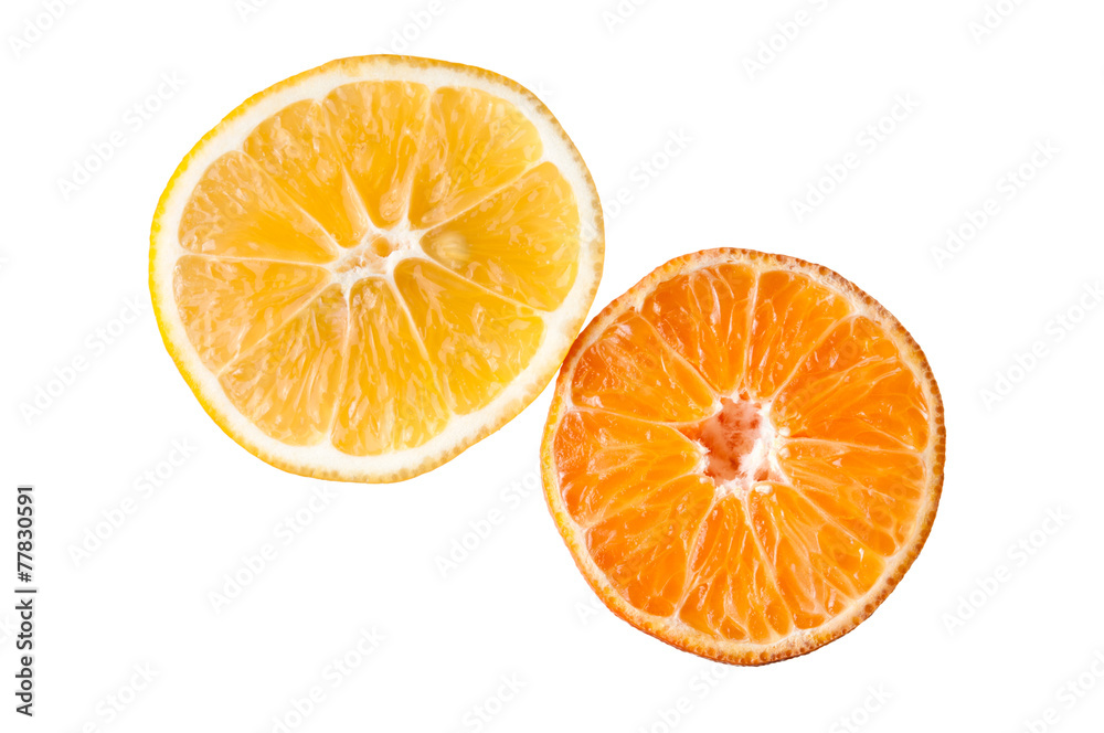 Orange tangerine and lemon fruit gears as half slice isolated on Orange tangerine and lemon fruit gears as half slice isolated on