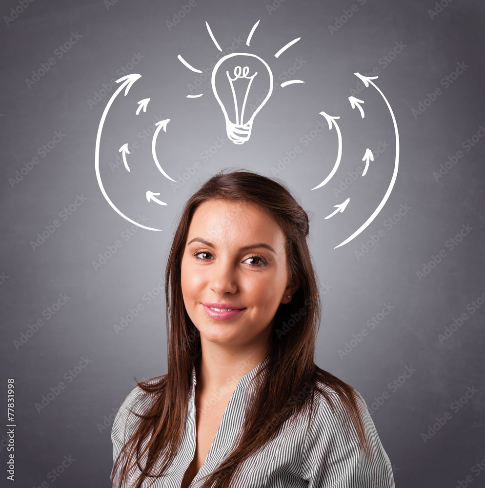 Pretty lady thinking with arrows and light bulb overhead Pretty lady thinking with arrows and light bulb overhead
