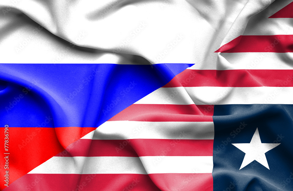Waving flag of Liberia and Russia Waving flag of Liberia and Russia