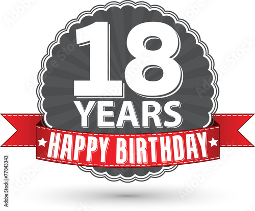 Happy birthday 18 years retro label with red ribbon, vector illu