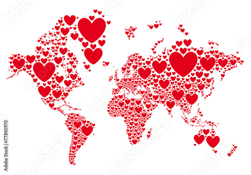 Love, world map with red hearts, vector