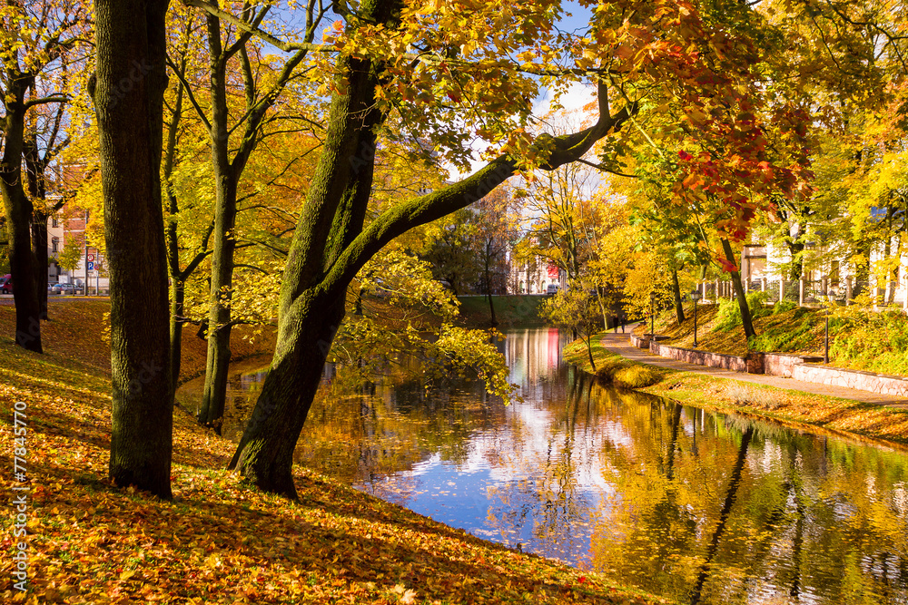 Park in the fall and pond in the center of Riga