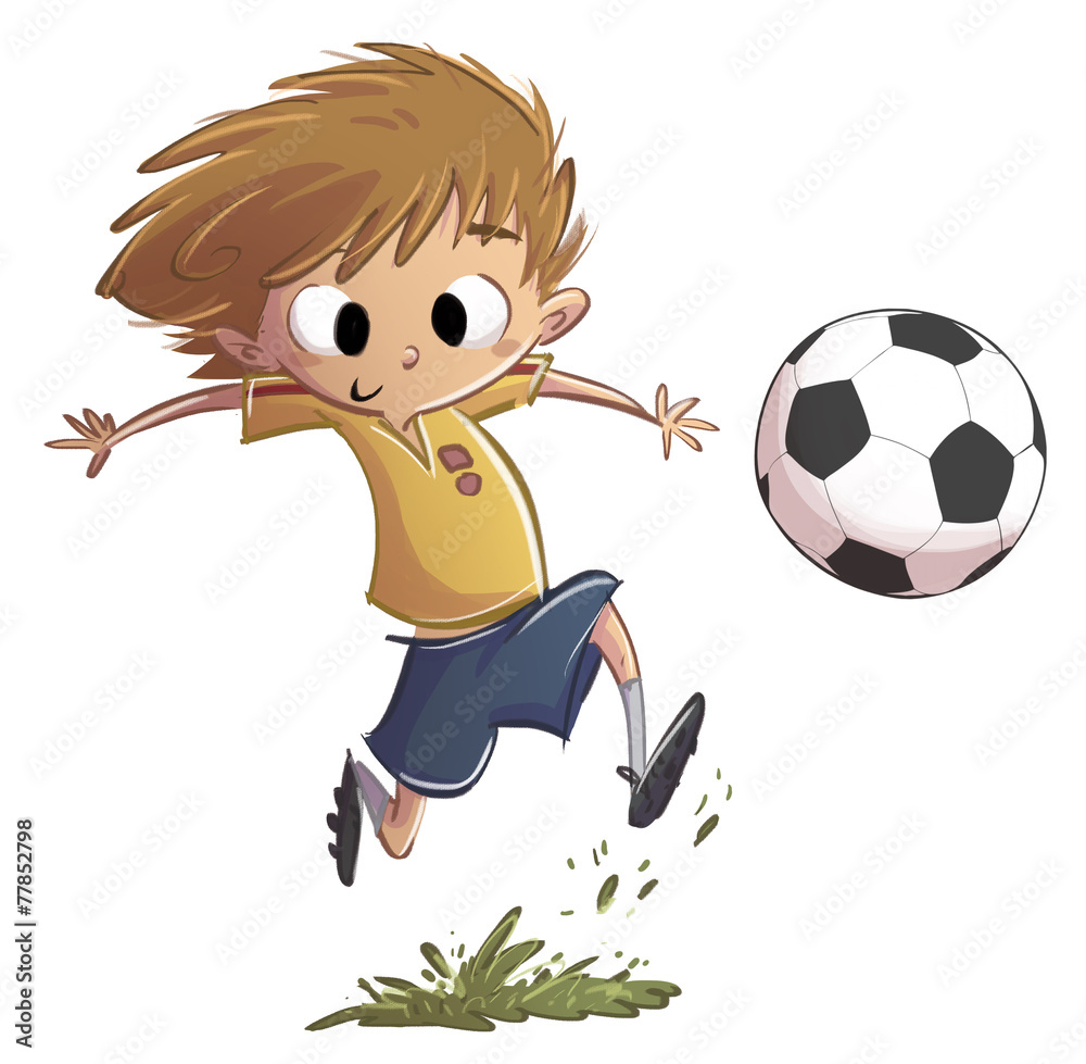 niño jugando a fútbol con balón - obrazy, fototapety, plakaty 