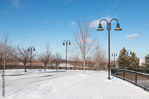 Deserted town street on winter morning photo