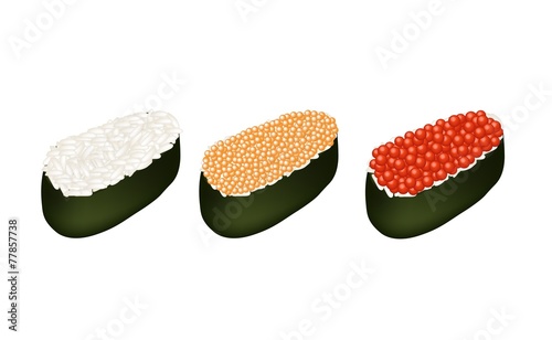 Three Tobiko Roe Sushi on White Background