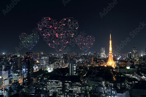 Photography heart sparkle Fireworks celebrating over Tokyo cityscape at nigh