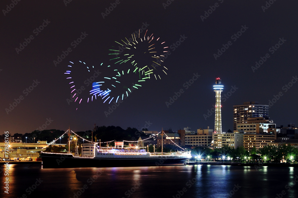 heart Fireworks celebrating over marina bay in Yokohama City