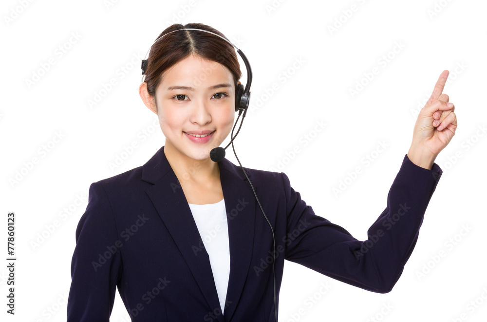 Customer services operator with finger point up Customer services operator with finger point up