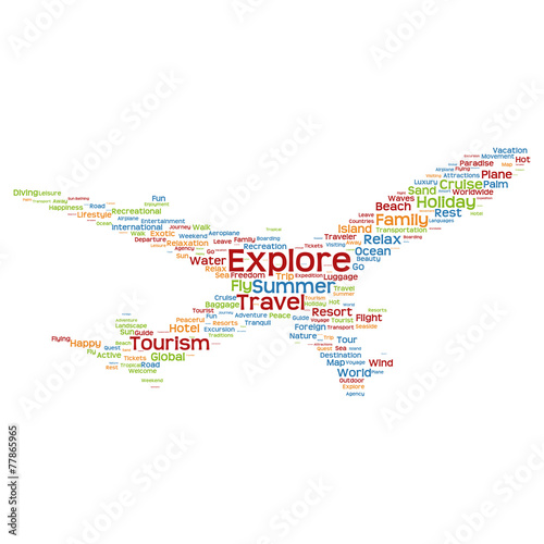 Vector conceptual travel or tourism plane word cloud