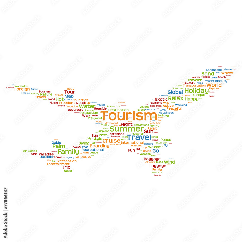 Fototapeta premium Conceptual travel or tourism plane word cloud
