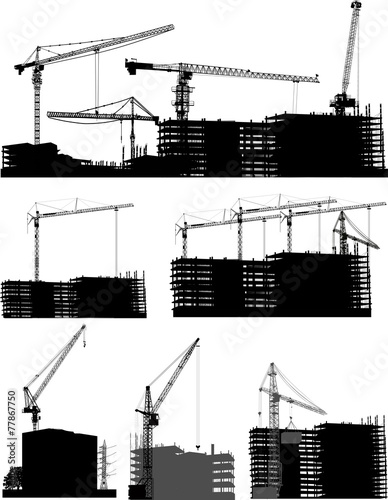 set of house buildings and cranes isolated on white