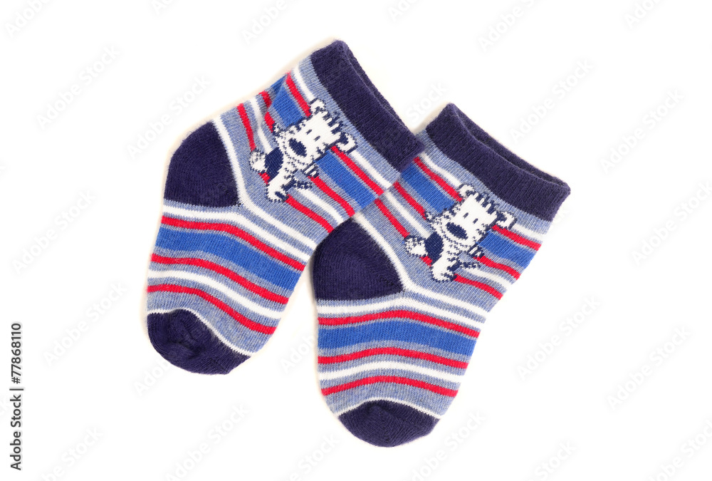 Baby boy socks isolated. Blue socks with stripes and animals. Baby boy socks isolated. Blue socks with stripes and animals.