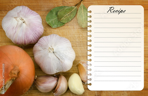 recipe page template on wooden cutting board with vegetables