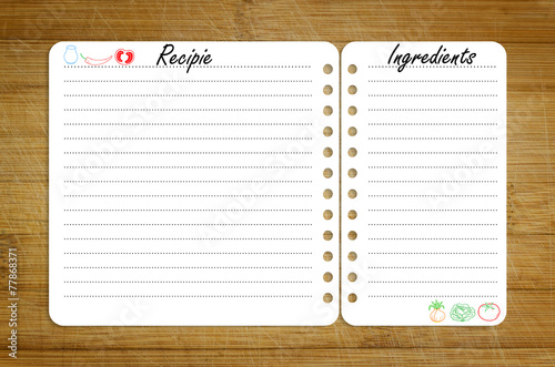 recipe page template on wooden cutting board with vegetables