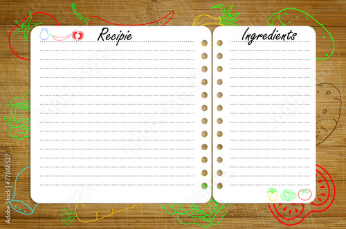 recipe page template on wooden cutting board with vegetables