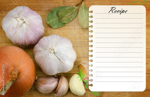 recipe page template on wooden cutting board with vegetables