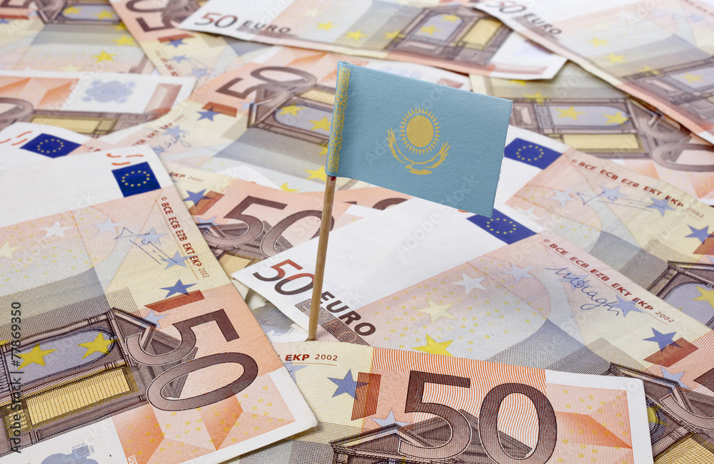 Flag of Kazakhstan sticking in 50 Euro banknotes.(series) Flag of Kazakhstan sticking in 50 Euro banknotes.(series)